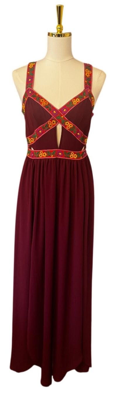 Free People Embroidered Bohemian Ribbon Lace Flower Maxi Dress Burgundy Small
